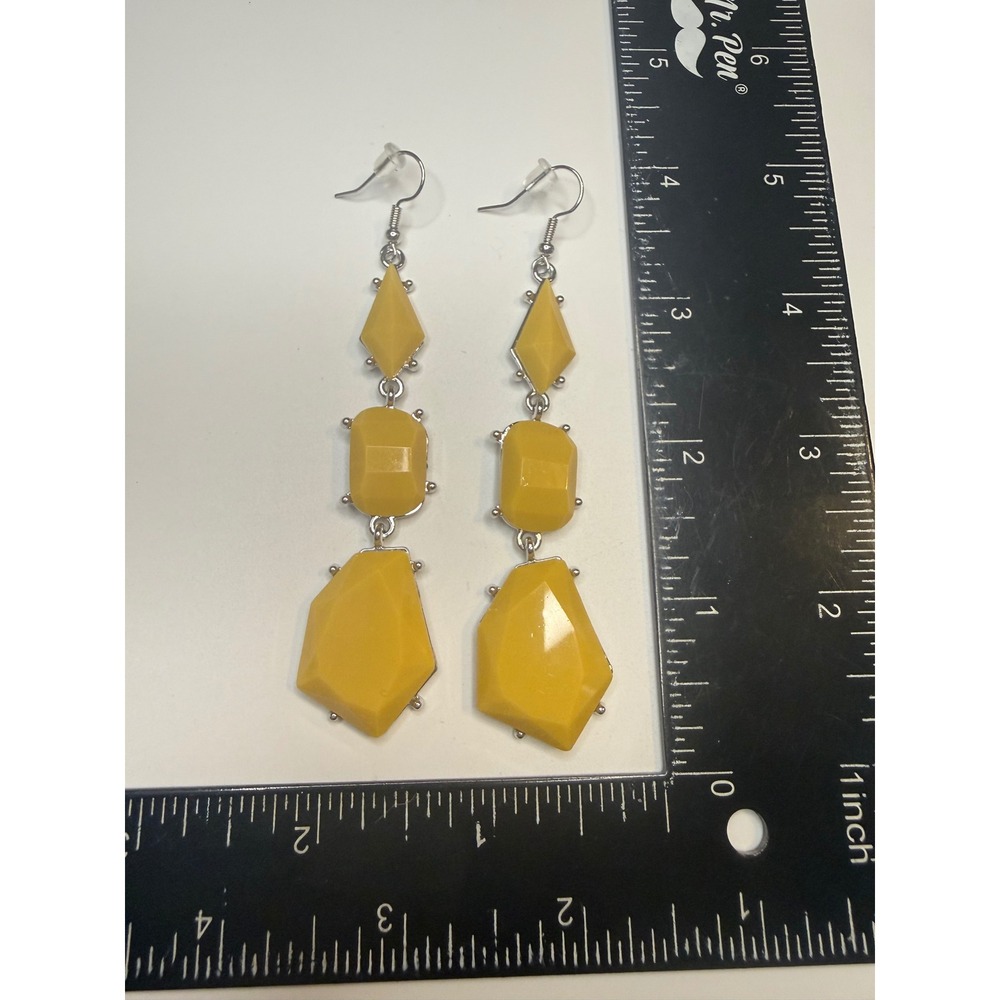 Yellow Geometric Tiered Drop Earrings Silver Tone‎ Statement Dangle Jewelry